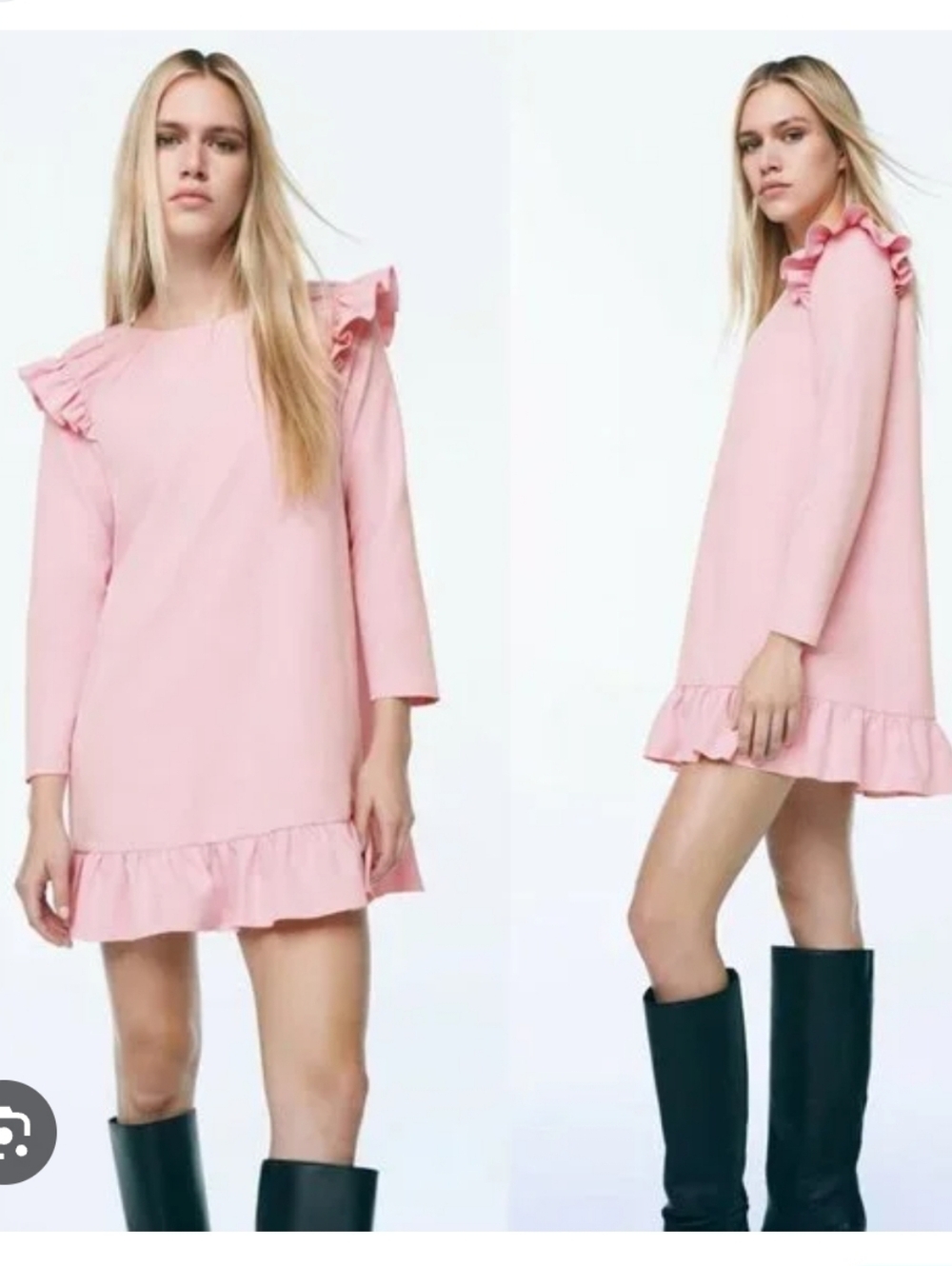 NWT ZARA | shift dress ruffle shoulder details and long sleeves Pink Sz XS